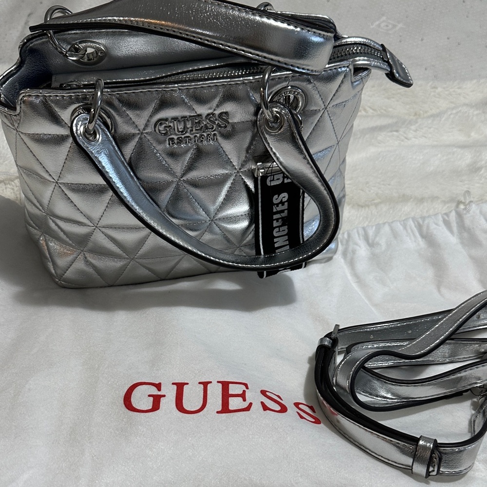 GUESS Metallic Silver Quilted Satchel